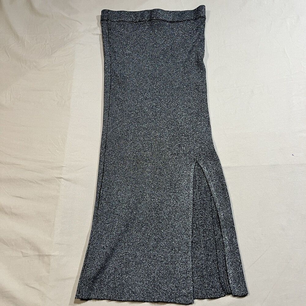 Zara Sparkly Ribbed Knit Maxi Skirt Side Slit Black Silver Medium Sz M